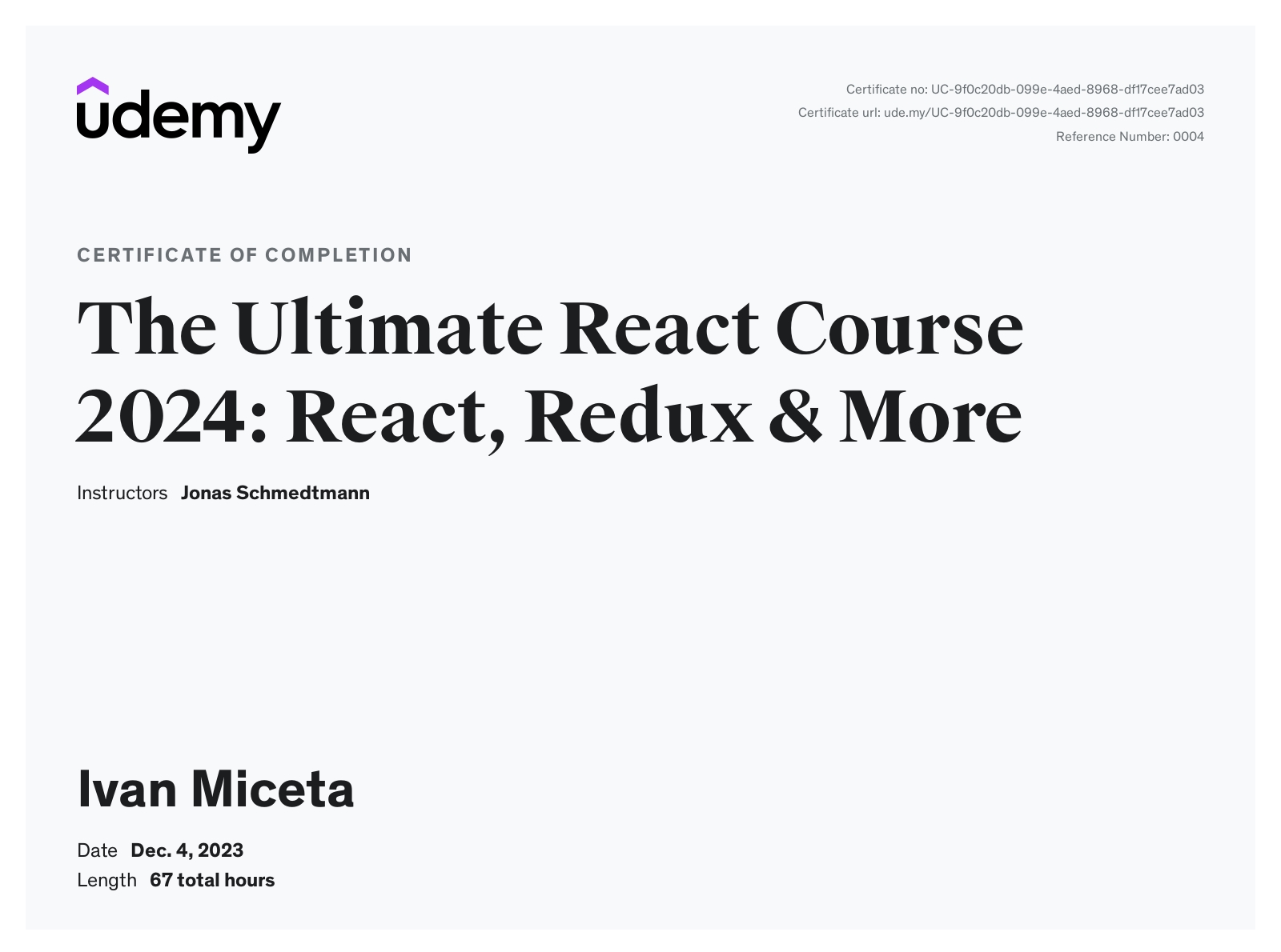 React and NextJS course certificate